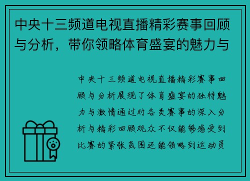 中央十三频道电视直播精彩赛事回顾与分析，带你领略体育盛宴的魅力与激情